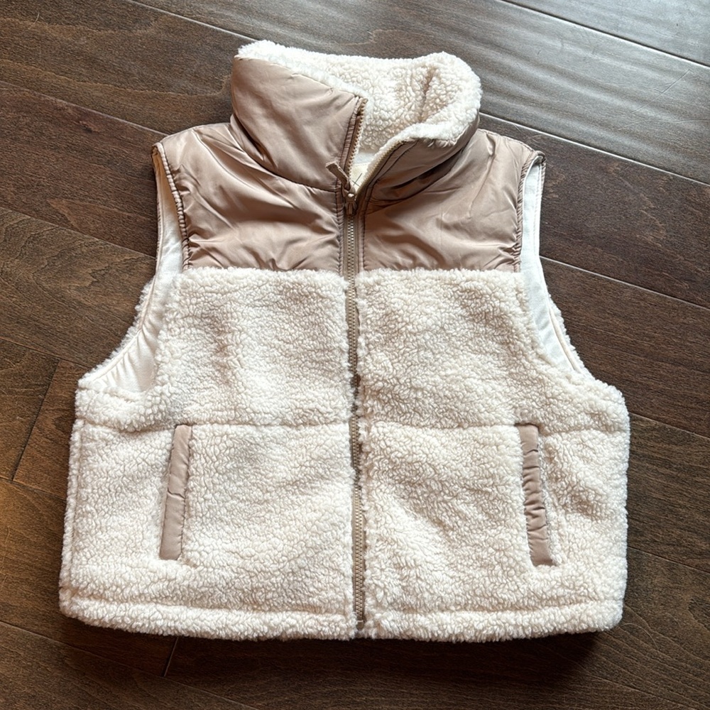 Thread & Supply Cream Sherpa Vest with Taupe Nylon Yoke